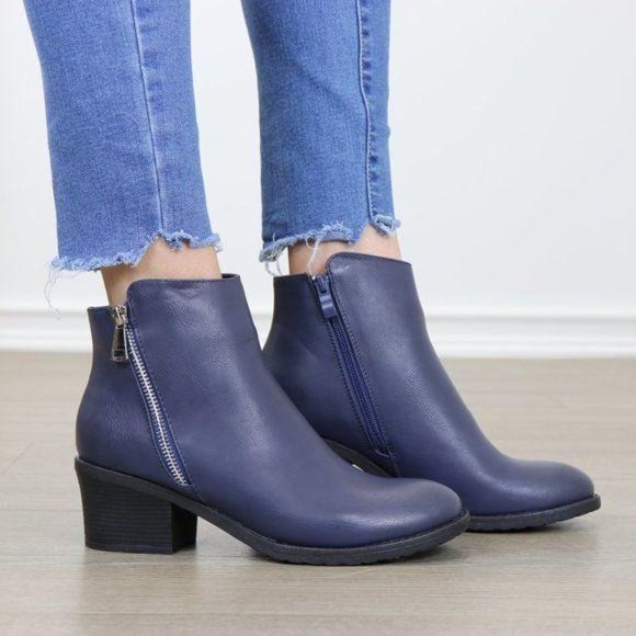 Navy Faux Leather Ankle Boots Silver Zipper Block Heel - Picture 8 of 8